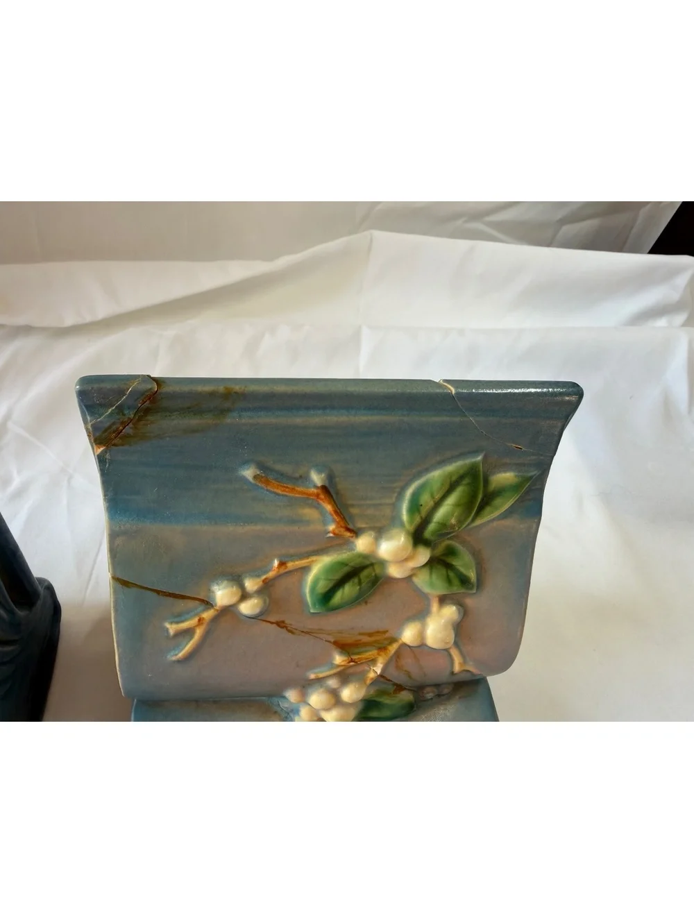 Roseville Pottery Snowberry Blue Bookends 18B Pair Vintage USA Read Repair